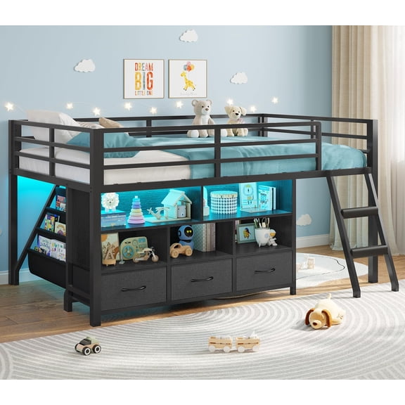 Plonmago Twin Size Loft Bed with 3 Storage Drawers, 3-Tier Bookshelf, 5 Open Cubbies,Metal Bed Low Loft Bed with LED Lights,Ladder,Guardrail, Space Saving,and Play Area,Black