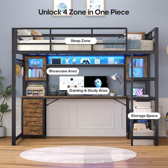 Plonmago Twin Size Metal Loft Bed Frame with Gaming Desk and Drawers Storage Hutch,USB Power Outlet,Metal Loft Bed with RGB Lights, Space Saving Loft,Guardrail & Ladder, Black & Rustic Brown