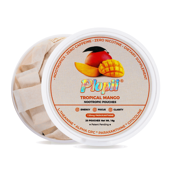 Plopii Focus Pouches, Tropical Mango, Caffeine-Free, 120 mg Paraxanthine, 20 Pouches