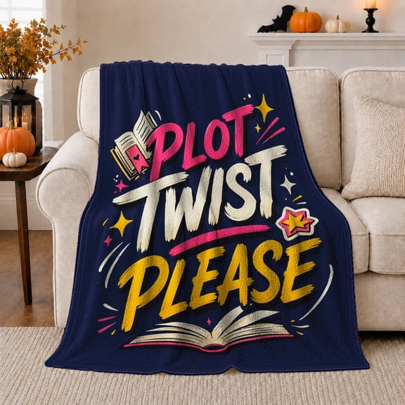 Plot Twist Please Book Quote Heart Stars, Cozy Typography Art Scene, Warm Flannel Blanket for Living Room and Reading Nook, Art Lovers Appreciation Gift, Artistic Home Decor