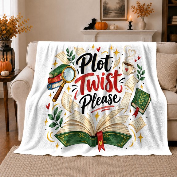 Plot Twist Please Reading Vibe, Playful Food Art Scene, Warm Flannel Blanket for Kitchen and Dining Room with Detailed Artwork, Food Lovers Birthday Gift, Playful Home Decor