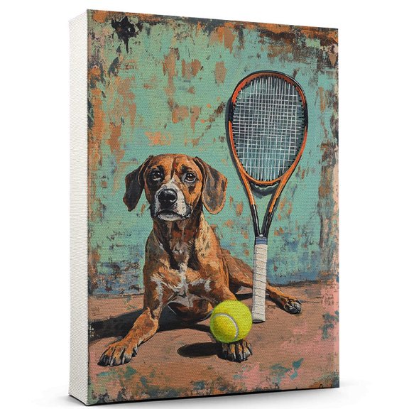 Plott Hound Cute Dog Tennis Stretched Canvas Size 8x12 – Retro Plott Hound Dog Batter in Action With Tennis for Themed Living Room