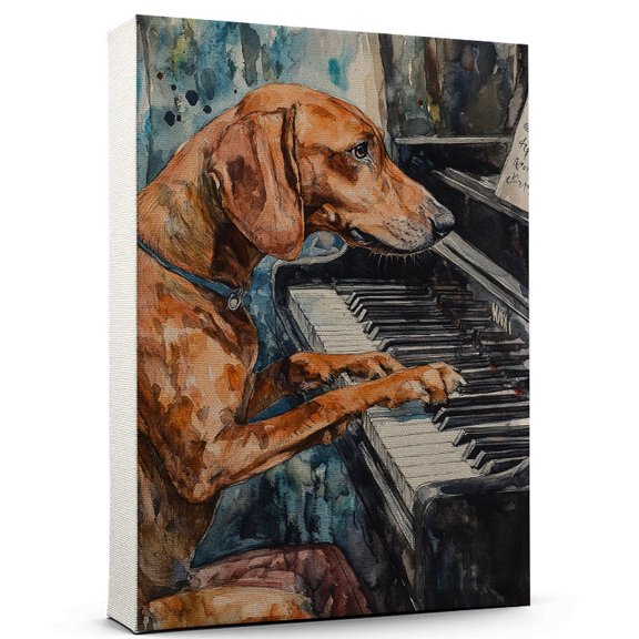 Plott Hound Dog Playing Piano Wall Stretched Canvas Size 8x12 – Plott Hound Canvas Art for Dog Lovers, Piano Canvas Wall Decor