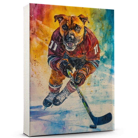 Plott Hound Dog Stretched Canvas Size 8x12 – Ice Hockey Theme Dog Art for Wall, Plott Hound Dog Playing Ice Hockey Wall Art, Dog Lover Canvas Decor