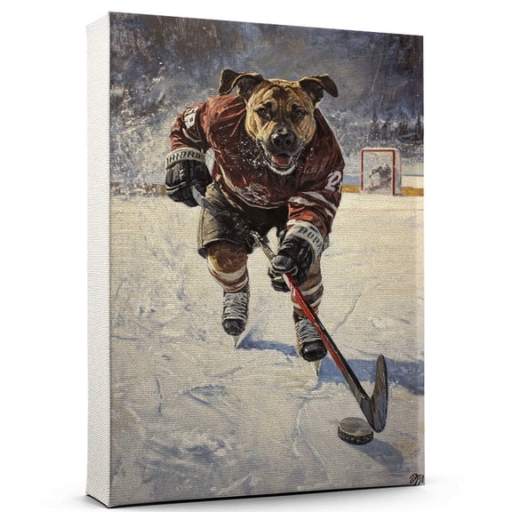 Plott Hound Vintage Dog Ice Hockey Canvas – Artistic Sports, Plott Hound Dog with Ice Hockey Stretched Canvas Size 8x12 Wall Print for Bedroom, Living Room, Office