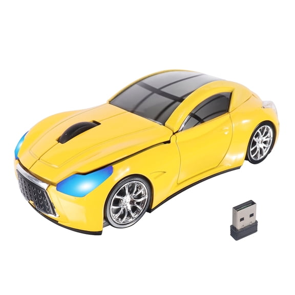 PloutoRich Car Mouse Wireless Cool Sport Car Shaped Computer Mice with LED Headlight USB Receiver 2.4GHz Portable Optical Mini Small Mouse for Laptop PC Desktop Computer Kids Gift (Yellow)