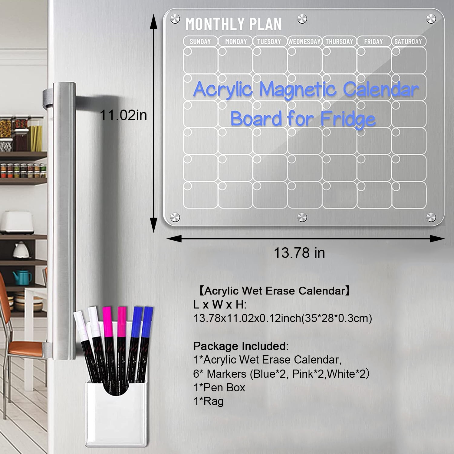 Acrylic Magnetic Fridge Calendar & Weekly Planner Monthly Dry Erase Board  for Refrigerator w/ 8 Markers & Magnetic Pen Holder Meal Planning  Whiteboard