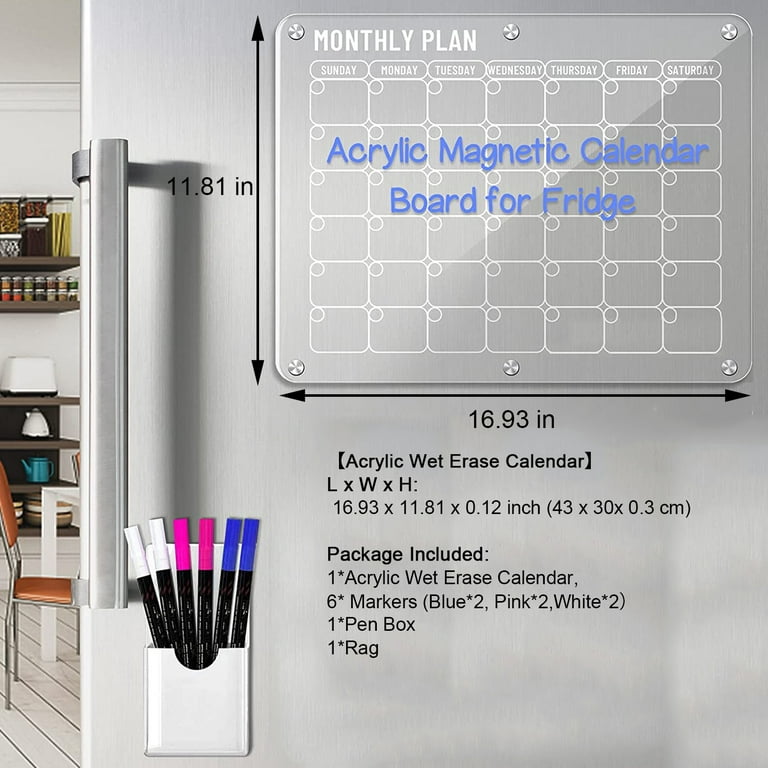 PloutoRich Acrylic Magnetic Calendar for Fridge, Dry Erase Calendar Board  for Refrigerator, Reusable Weekly Calendar with 4 Markers 1 Eraser 1 Pens  Holder, 13.78x11 