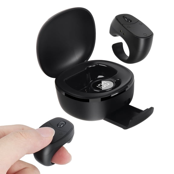 PloutoRich Mini Finger Ring Mouse with Charging Case Wearable Bluetooth Remote Control Thumb Mouse Wireless Handheld Air Mouse for Smartphone Tablet for Page Turn Take Photo Watch Video, Black