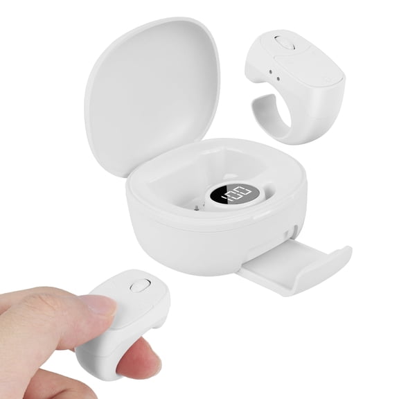 PloutoRich Mini Finger Ring Mouse with Charging Case Wearable Bluetooth Remote Control Thumb Mouse Wireless Handheld Air Mouse for Smartphone Tablet for Page Turn Take Photo Watch Video, White