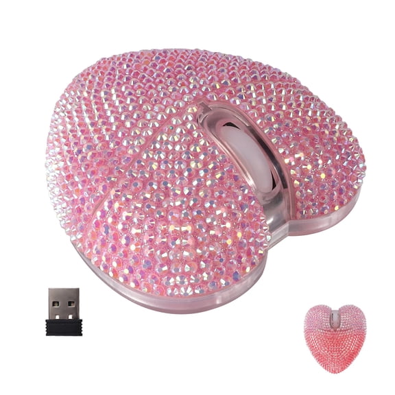 PloutoRich Wireless Bluetooth Mouse Cute Bling Diamond-Encrusted Heart Shape Mouse with LED Light 2.4GHz & Bluetooth Dual Mode Rechargeable Silent Portable USB Mouse for Laptop PC Tablet, Pink