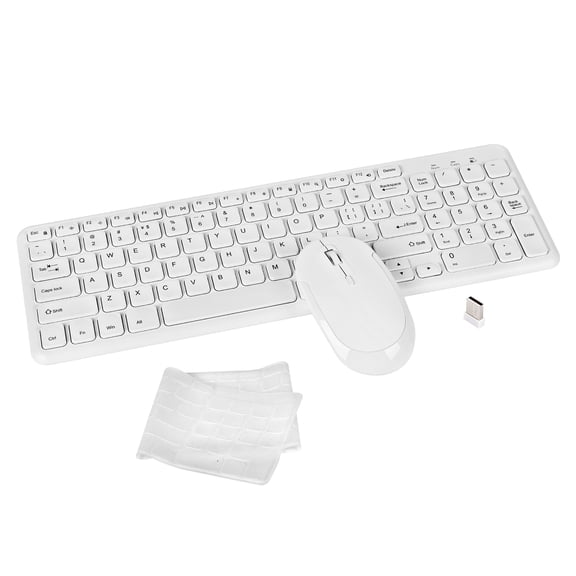 PloutoRich Wireless Keyboard and Mouse Combo, Ultra Slim Silent Full-Size Computer Keyboard Mouse Set with 2.4G USB Receiver & Keyboard Cover for Laptop Computer PC Desktop(White)