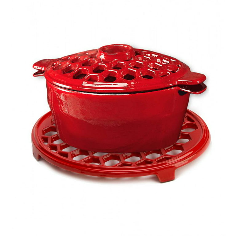 Plow & Hearth - 1.5 Quart Cast Iron Lattice Wood Stove Steamer Kettle /  Humidifier, Red