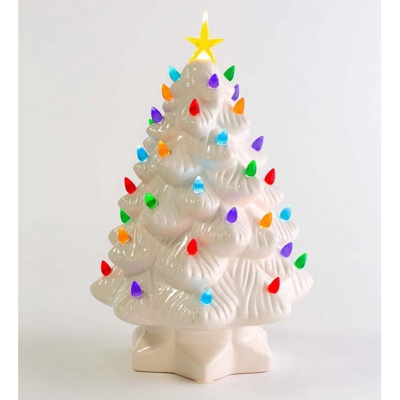 Plow & Hearth 14" Indoor/Outdoor Battery-Lighted Ceramic Christmas Tree - White