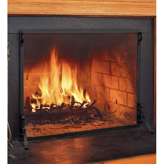 Plow & Hearth 39"W x 31"H Solid Steel Flat Guard Fireplace Fire Screen, in Black