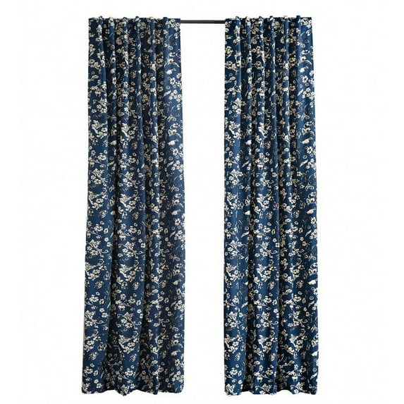 Plow & Hearth 42"W x 96"L Floral Damask Rod-Pocket Insulated Curtain Panel, Indigo