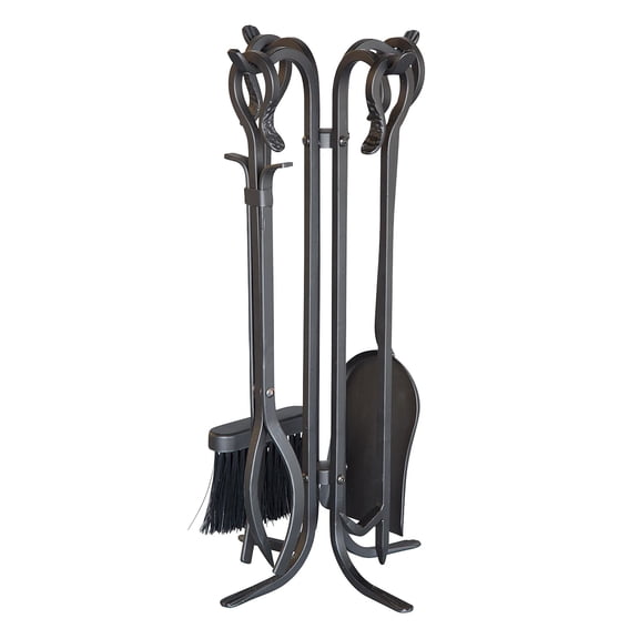 Plow & Hearth 5 Piece Hand Forged Iron Compact Fireplace Tool Set Poker Tongs Shovel Broom Hearth Accessory Black Finish 10.25 x 20H