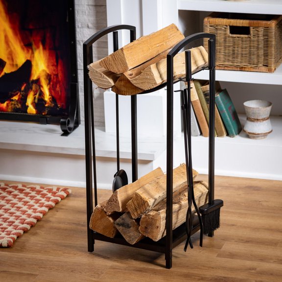 Plow & Hearth 5 Piece Hand Forged Iron Fireplace Tool Set 30" H Log Rack Storage Black Outdoor Indoor Stand Poker Shovel Brush Log Tongs