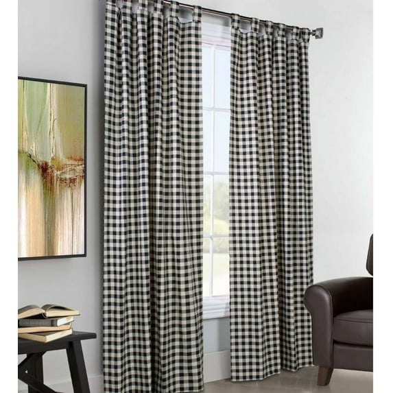 Plow & Hearth 84"L x 80"W Thermalogic Check Tab-Top Curtain Pair, in Black