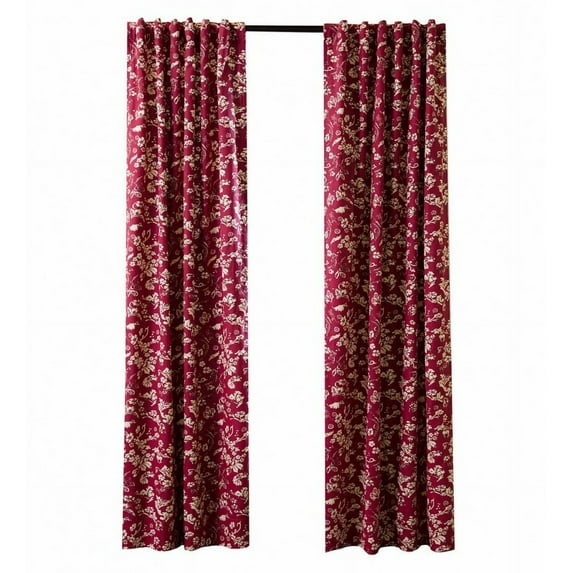 Plow & Hearth 84"W x 84" L Floral Damask Rod-Pocket Insulated Curtain Panel, in Red