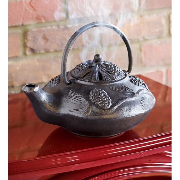 Plow & Hearth Pinecone Wood Stove Steamer Kettle Cast Iron Fireplace Humidifier Black Rust Resistant 2.5 QT