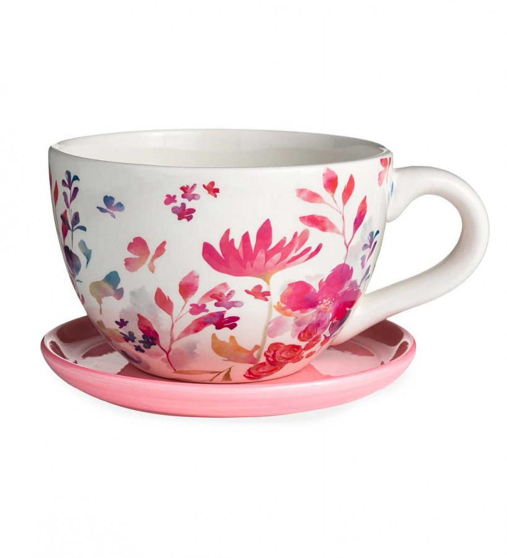 Plow \u0026 Hearth Ceramic Floral Tea Cup Indoor/Outdoor Planter with Saucer -  Pink - Walmart.com, image size:1636x1800
