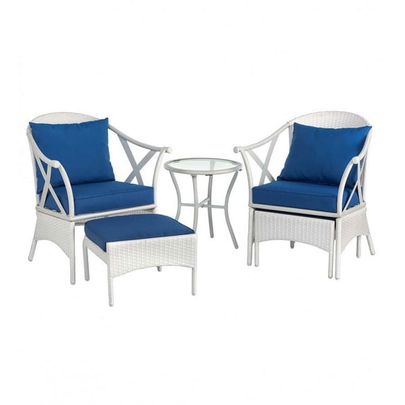 Plow & Hearth Five Piece White Wicker Patio Furniture Set with Cushions - White