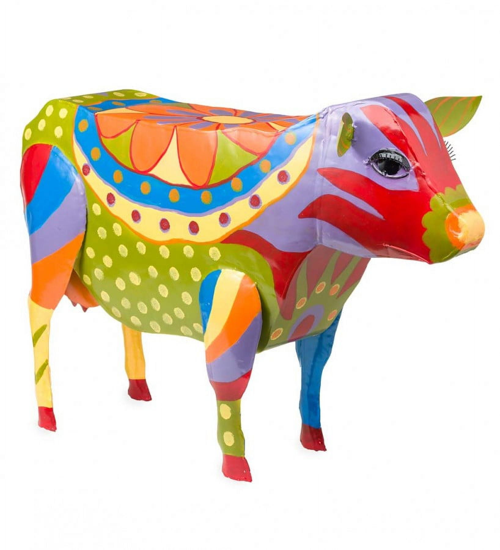 Handmade Colorful Painted Folk Art Cow Metal Side Table