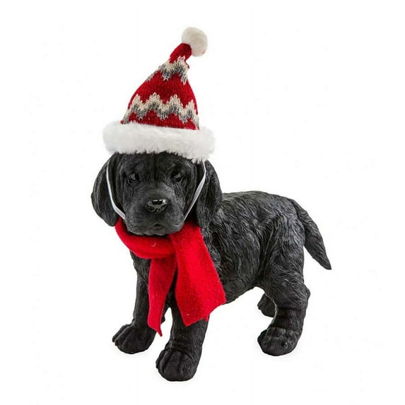 Plow & Hearth Holiday Labrador Puppy Statue with Hat and Scarf - Black