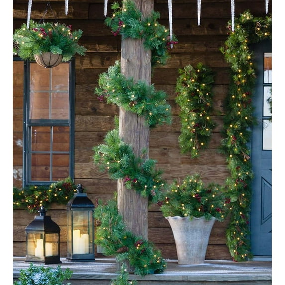 Plow & Hearth Indoor/Outdoor Blue Ridge Garland with Battery-Operated Lights