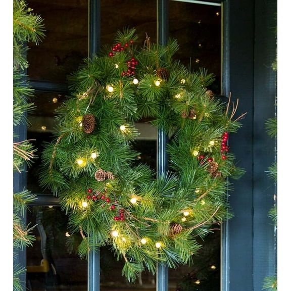Plow & Hearth Indoor/Outdoor Blue Ridge Wreath with Battery-Operated Dual-Function Lights, 30" dia.