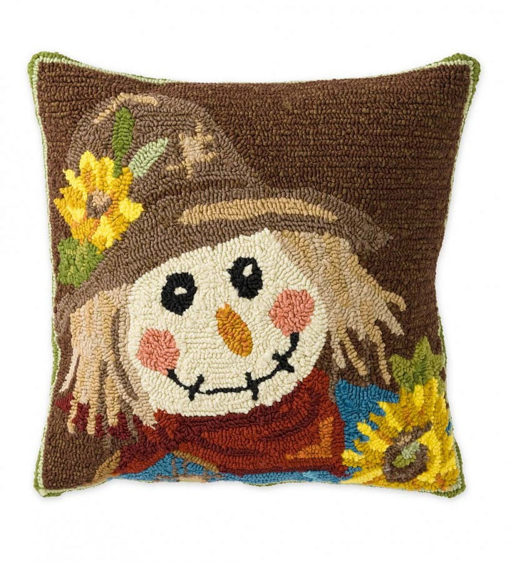 Indoor Outdoor Hooked Pillow Scarecrow Garden 18"x18"