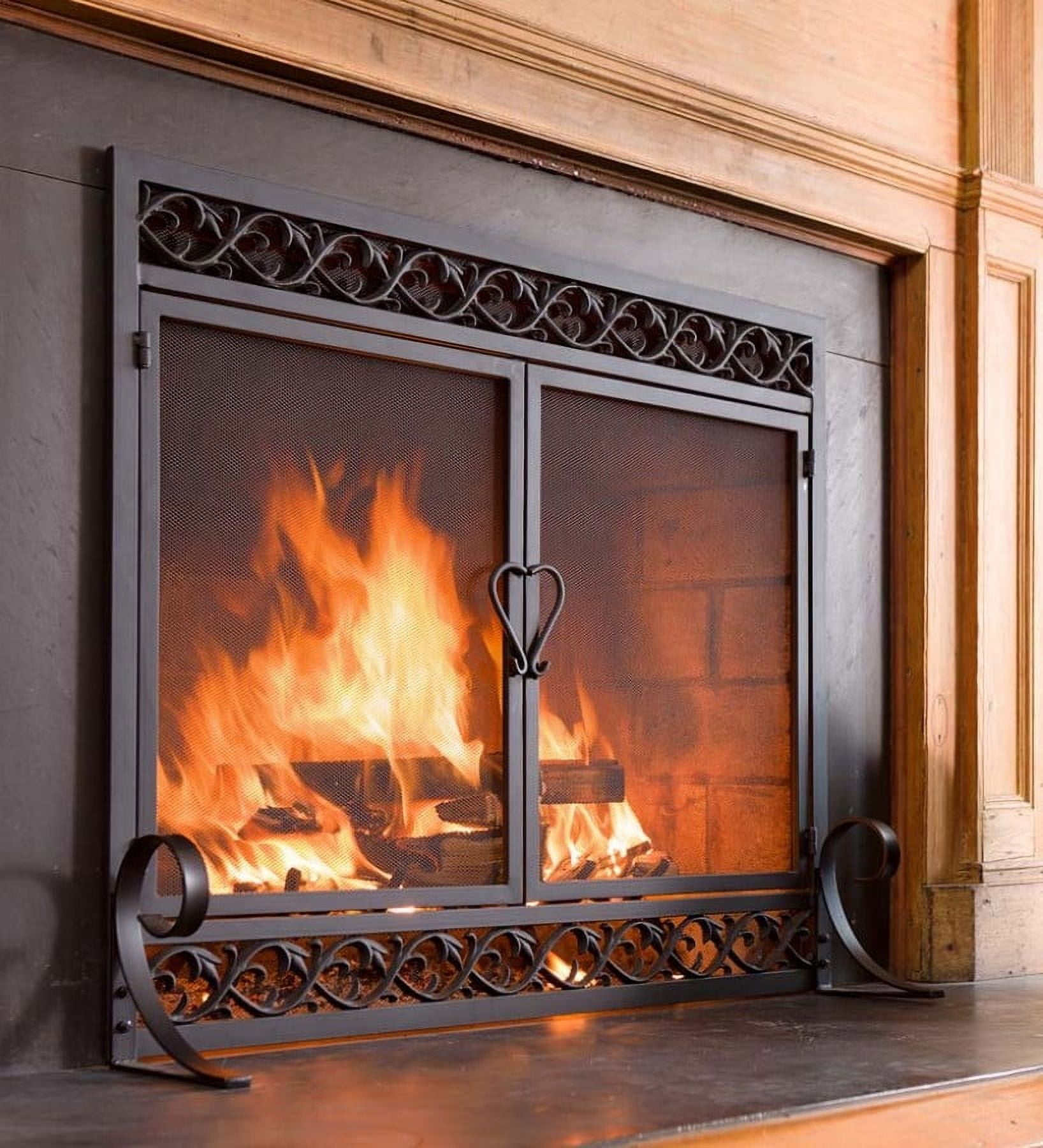 Large Black Cast Iron Scrollwork Fireplace Screen with Dual Doors
