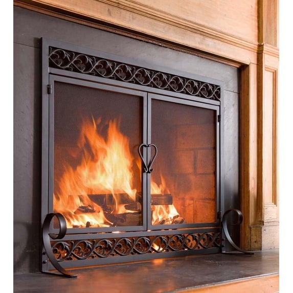 Plow & Hearth Large Cast Iron Scrollwork Fireplace Fire Screen with Doors, in Black