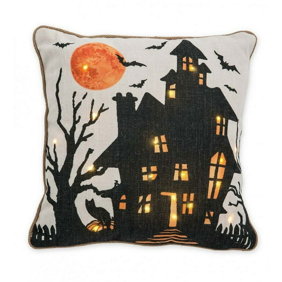 Plow & Hearth Lighted Halloween Decorative Throw Pillow - Haunted House