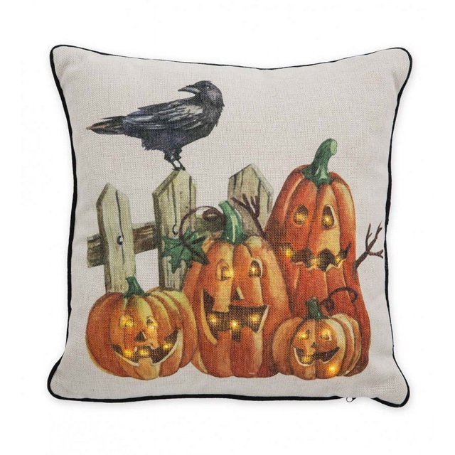 Plow & Hearth Lighted Halloween Decorative Throw Pillow Raven with JackO'Lanterns