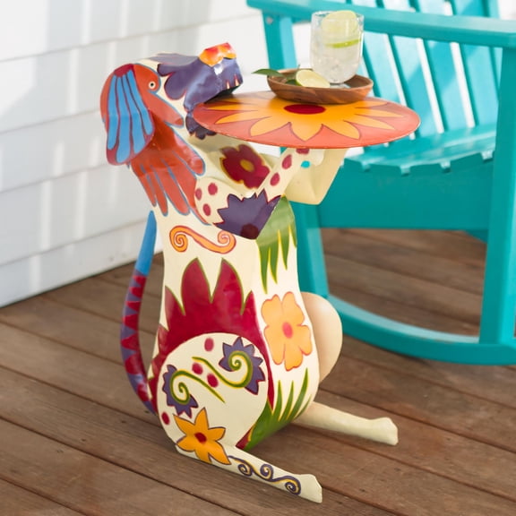 Handmade Recycled Metal Colorful Painted Folk Art 2 Feet Tall Dog Side Table Indoor Outdoor Porch Garden Deck Patio