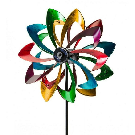 Plow & Hearth Solar Lighted LED Flower Metal Wind Spinner with Bi-Direction Rotors