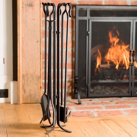 5 Piece Hand Forged Iron Fireplace Tool Set 32.5" | Black Wrought Iron Handle for Outdoor Indoor Stand Poker Shovel Brush Log Tongs Wood Stove Accessory