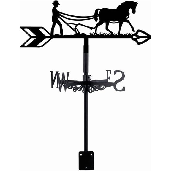 Plow Horse Weather Vane Animal Weathervane Black Metal Weathercock Horse Wind Vanes Garden Art Decor Roof Decorative Wind Direction for Yard Farmhouse Sheds Patio Outdoor Decoration 1set