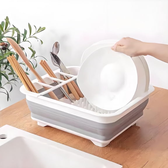 Plstic Basket 13.39x10.63x0.79" Foldable Dish Rack Grey Plastic Kitchen Storage Box with Drainage Retractable Tableware Holder for Spoons Plates Bowls(1Pcs) NCHKUN