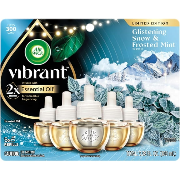 Plug In Advanced Scented Oil,Glistening Snow + Frosted Mint,Air Fresheners for Home Long Lasting, Room Freshener, Air Freshener Plug In, House Essentials for Small Spaces + Large Spaces,5 ct