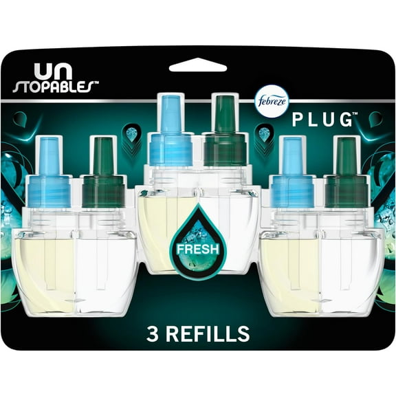 Plug in Air Freshener, Odor-Fighting Scented Oil Refill, Air Fresheners for Home and Bathroom and Kitchen, Long Lasting for Strong Odors, Unstopables Fresh Scent, 0.87oz Refills, 3 Count