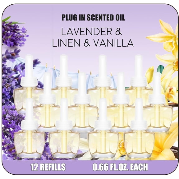 Plug in Air Freshener Refills 12 Pack (7.92 Fl Oz), 3 Scents: Lavender, Linen & Vanilla Compatible with Air Wick & Glade, Not Include Glade Plus Scented Oil Refills for Home, Bathroom