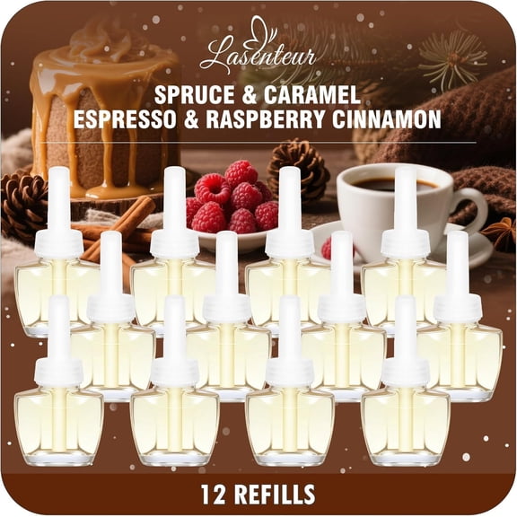 Plug In Air Freshener Refills 12 Pack Spruce, Caramel, Espresso & Raspberry Cinnamon Scents Adjustable Fragrance for Home & Bathrooms Compatible with Air Wick & Glade, Not Include Glade Plus
