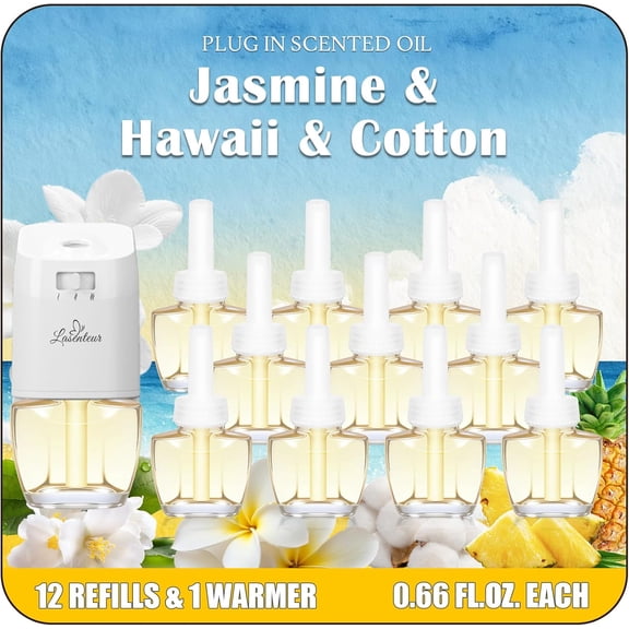 Plug In Air Freshener Refills Starter Kit 12 Pack Wall Plug In Refills with 1 Adjustable Warmer, Jasmine, Hawaiian, Cotton Scents, Odor Eliminator for Home, Bathroom, Room, House