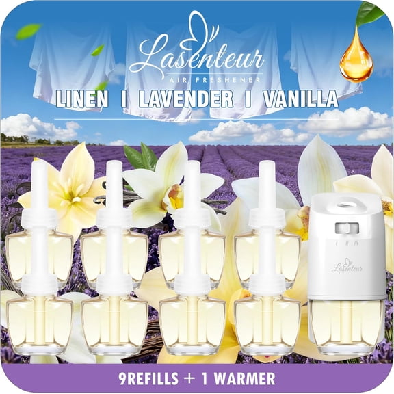 Plug In Air Freshener Starter Kit - Lavender, Vanilla, Linen Scent for Home, Bathroom and Office, 1 Warmer and 9 Essential Oil Refills, Compatible with Air Wick & Glade, Not Include Glade Plus
