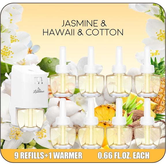 Plug In Air Freshener Starter Kit with Warmer 9 Scented Oil Refills + 1 Diffuser in Jasmine, Hawaiian, Cotton, 5.94 Fl Oz, Compatible with Air Wick & Glade, Not Include Glade Plus