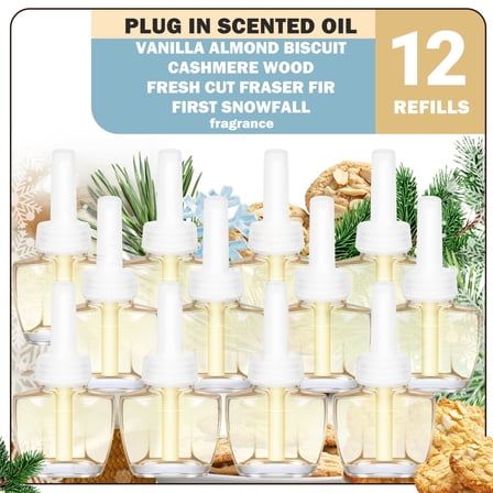 Plug In Air Fresheners, 12 Refills For Home and Bathroom, Compatible with Glade, Air Wick-Vanilla Almond Cookies, Cashmere Forest, Freshly Cut Fraser Fir, First Snow