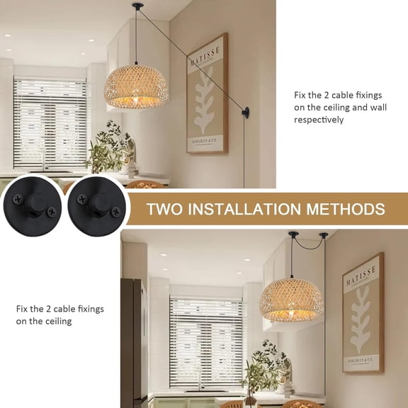 Plug in Bamboo Pendant Light Fixture, Hand-Woven Rattan Chandeliers Ceiling Pendant Lighting with Switch, Farmhouse Basket Hanging Semicircle Lampshade for Dining Room, Kitchen Island, Entryway